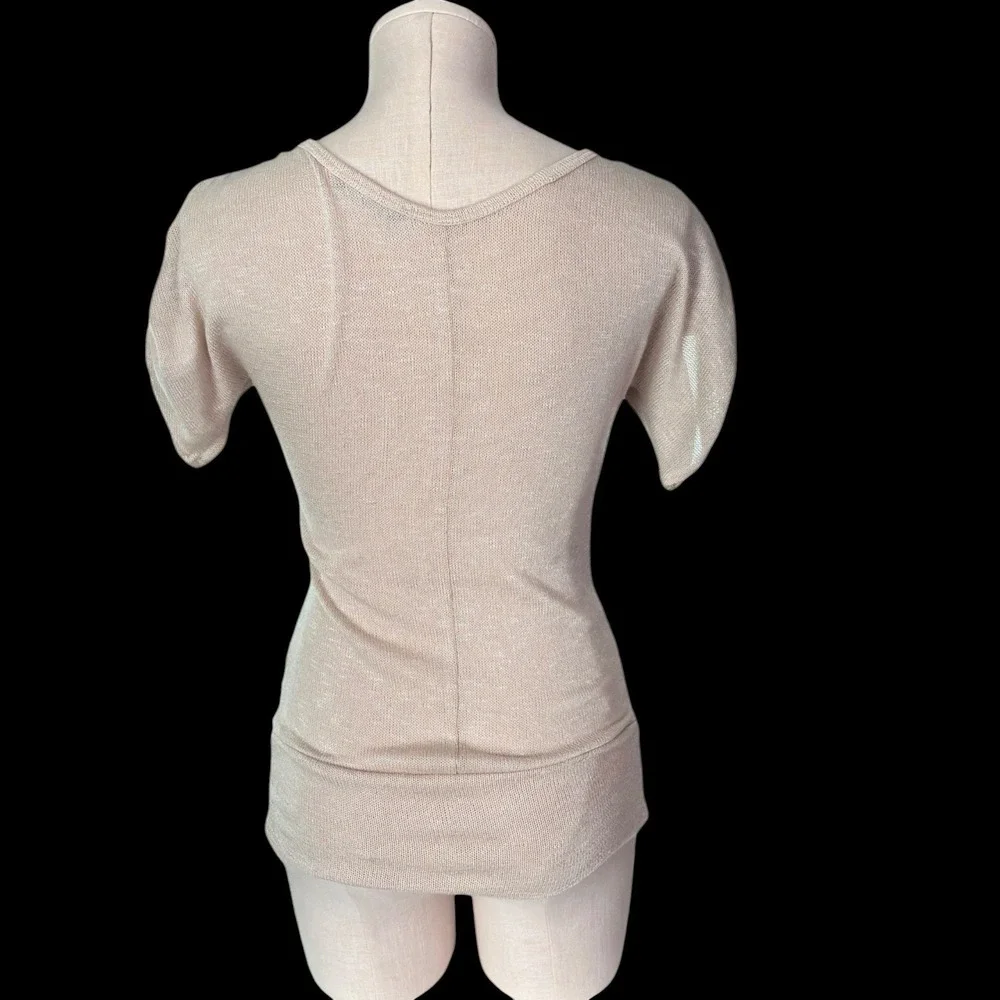 90s DEB Beige Knit Top S Longline Fitted Sweater USA‎ Side Gathered V Neck